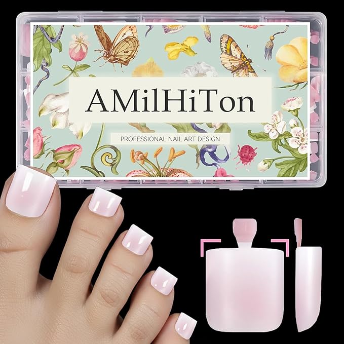Pearl Blush Ombre French Tip Toe Nail Press Ons, 150PCS Square Full Cover Soft Gel Toe Nail Tips, 15 Sizes for Wide Toenail Beds, Pre-Shaped for DIY French Pedicure & Salon