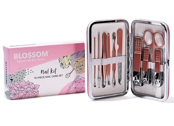 Blossom 10 in 1 Professional Manicure, Pedicure + Facial Tools Grooming Kit, Stainless Steel Nailcare Nail Clipper Kit with Nail Care Tools, Travel Case and Gift Ready Box