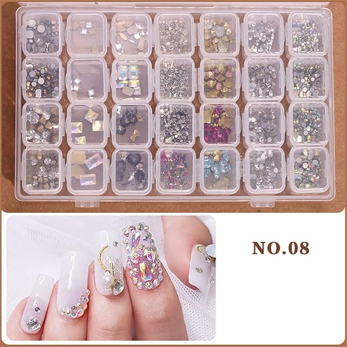 28 Cells Rhinestones for Nails Sets Mix Sizes AB Nail Rhinestones Multi Shapes Crystals for Nails Non Hotfix Colorful Nail Gems Stone With Plastic Nail Rhinestone Bead Storage Box
