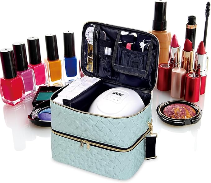 Nail Polish Organizer Case Holds 40 Bottles(15ml/0.5fl.oz) and Nail Lamp, Double Layer Nail Polish Storage with Adjustable Dividers,Portable Carrying Bag for Nail Kit, Manicure Tools Green