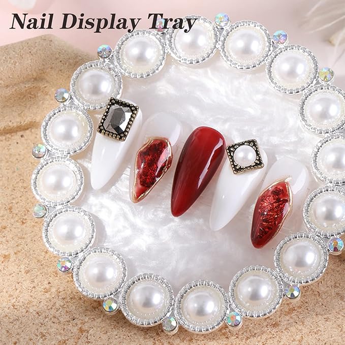 Gel Nail Palette CXUEMH Vintage Resin Nail Art Palette with Pearls, Rhinestones Edge Nail Color Mixer Nail Holder for Painting Nails Nail Art Display Polish Holder Manicure Tool (white (Pearls))