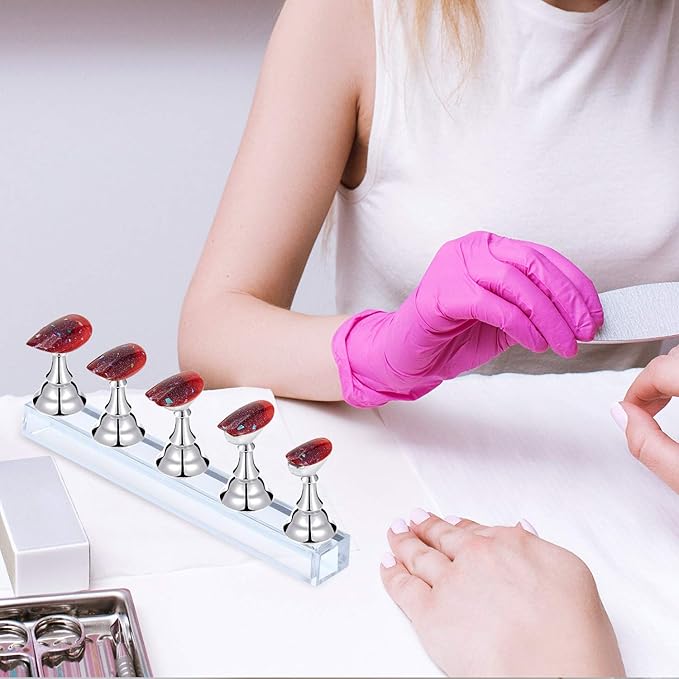 Blulu 4 Sets Acrylic Nail Display Stand Nail Holder Magnetic Nail Practice Stand Fingernail DIY Nail Design Stand for False Nail Manicure Tool (Silver)