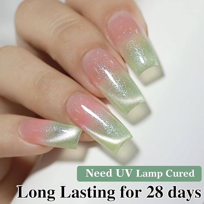 Double Rhythm 0.5 Oz Cat Eye Gel Polish with Magnet Same Color Same Bottle Holographic Glitter Shimmer Translucent Color Salon 15 ML Magnetic Nail Art (Spring Green-MC1163)