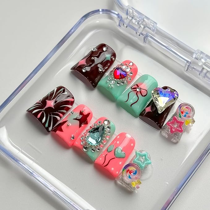 Luxury Press on Nails Short Duck Handmade 3D Unique Reusable ABS Material Fake Nails Pink Cute False Nails with Designs Rhinestones Stars Lollipop Glossy Glue on Nail Thick Acrylic Nail(S)
