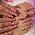 48Pcs French tips Press on Toenails Orange Press on Nails Long Square Fake Nails with Design Diamond Glue on Nails Rhinestone False Nails Glossy Reusable Summer Nails Toenails for Women Manicure
