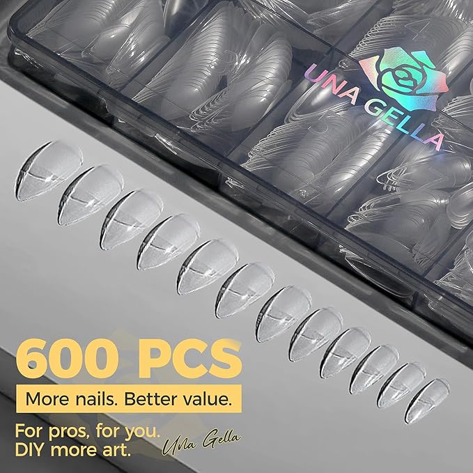 UNA GELLA Medium Stiletto Gel Nail Tips 600Pcs, Medium Stiletto Press on Nails Almond Shape Pre Etched Full Cover Soft Gel Nails Tips for Nail Extensions DIY Art Salon 12 Sizes at Home