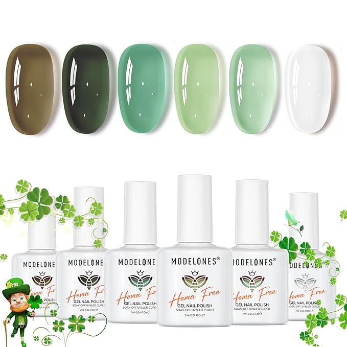 modelones Jelly Green Gel Nail Polish Set, Hema Free Sheer White Lime Olive Emerald Shade Mint Sage Green Gel Nail Kit 6 Transparent Colors Soak Off UV 2026 Spring St Patricks Nail Art DIY