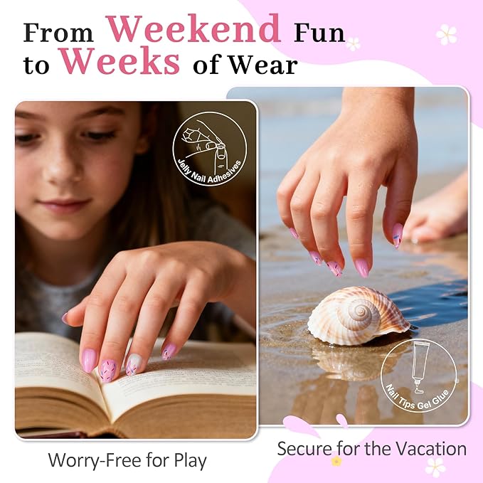 16 Sizes Press on Nails Kit for Kids - 32 Pieces French Almond Fake Nail Tips for Girls 8-12 Years Old with Jelly Nail Adhesives & No-Lamp Nail Glue, Birthday Gifts Easter(Pink Ice Cream)