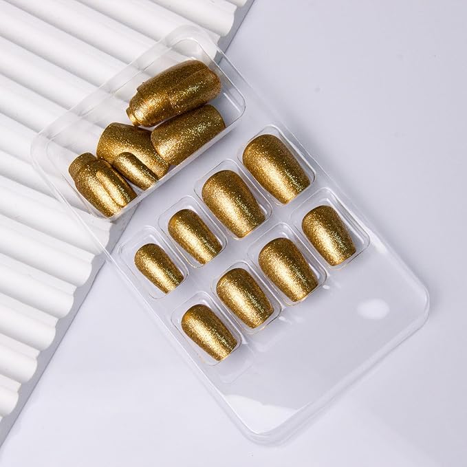 Gold Press on Nails Short Square Fake Nails Press ons with Designs Gold Glitter Full Cover Glue on Nails Shiny Glossy Acrylic False Nails Stick on Nail for Women Nail Manicure Decoration 24Pcs