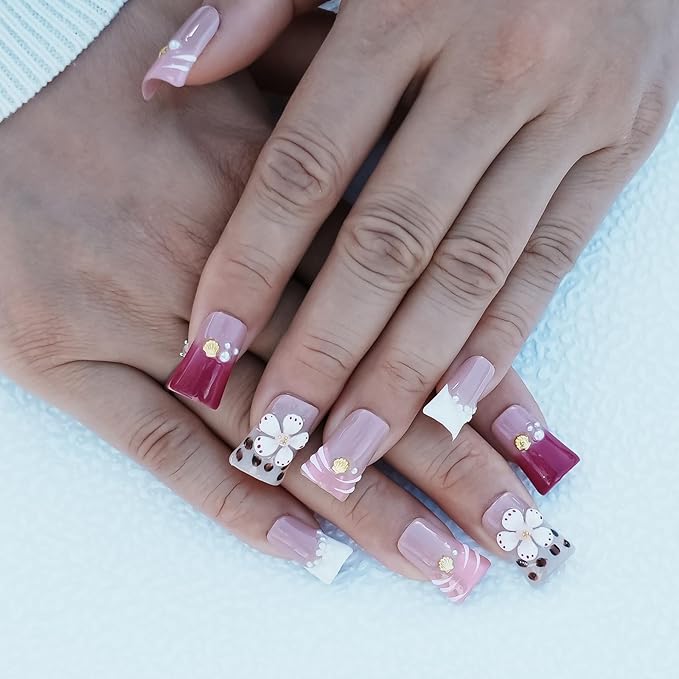 Press On Nails Handmade Short Duck Nails, 3D Floral Cute Thick Acrylic Fake Nails White Pink French Tip False Nails with Rhinestones Blossom Designs (Blush White Gradient Daisy,L)