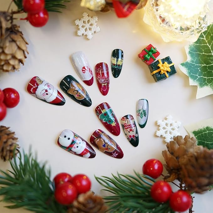 30Pcs Christmas Press on Nails Medium Almond French Tip Fake Nails with Cute Snowman Santa Claus Gingerbread Man Design Xmas Trees Gift Ball False Nails Full Cover Artificial Stick on Nail for Women
