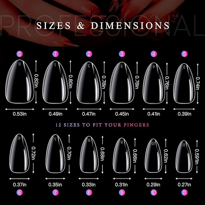 krofaue Almond Nails Tips - 240Pcs Clear Fake Tips 12 Sizes Soft Gel False Nails Full Cover Press on Nails Almond for Manicure Salon and Easy DIY Nail Extensions for Women