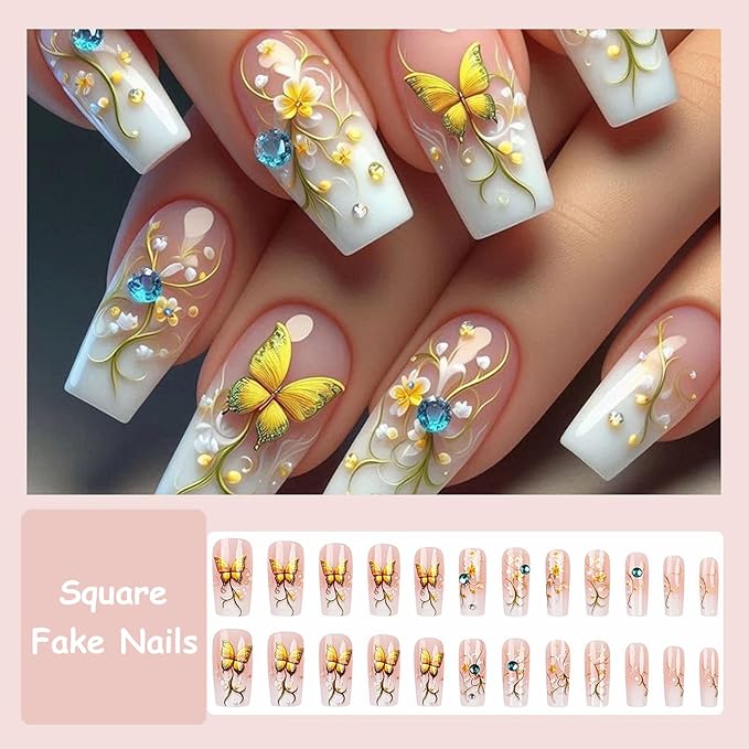 MISUD Press on Nails - Long Square Fake Nails with Nude Ombre, Acrylic Butterfly Design 24 pcs