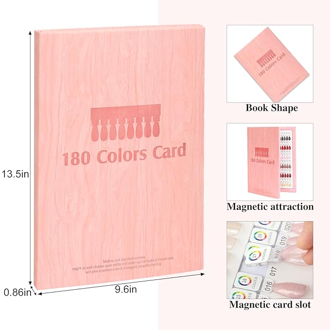 180 Magnetic Nail Color Book,Leather Magnetic Color Display Book with 192 Magnetic Tips & 1-180 Number Labels,Perfect for Nail Polish Nails Art Design(Pink)