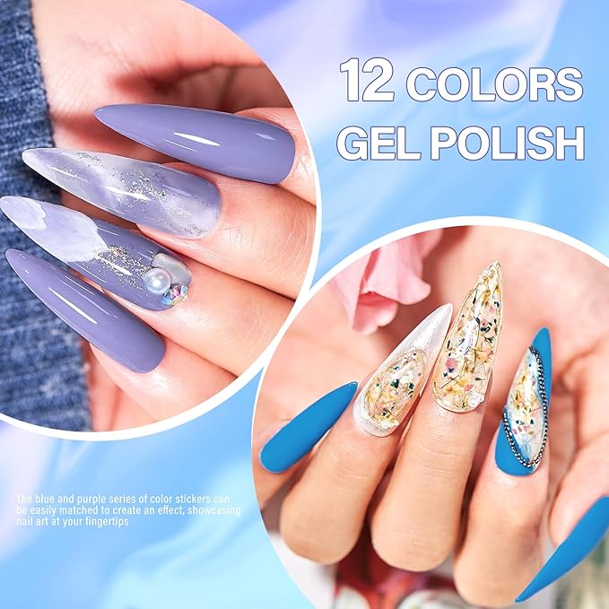 MTSSII Gel Nail Polish Set 12 Colors Blue Purple Gel Polish Kit Baby Blue Lavender Dark Purple Glitter Gel Nail Polish Aquamarine Mermaid Soak off Uv LED Gel Manicure DIY Nail Home