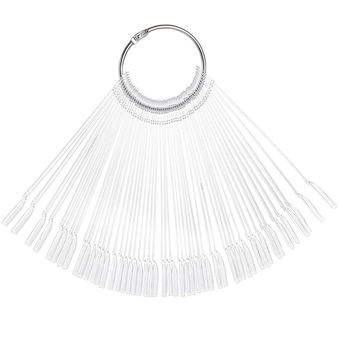 Hedume 12 Set Total 600 Tips Clear Nail Swatches Sticks with Metal Screw Split Ring Holder, Transparent Fan-shaped Nail Art Tips, Nail Art Supplies for Nail Art Polish Display and Home DIY