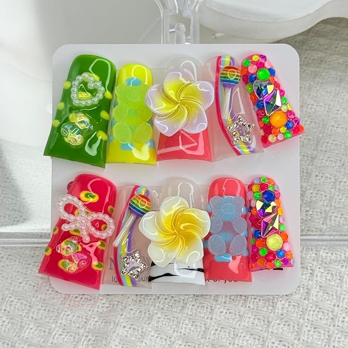 Handmade Press on Nails Medium Duck Fake Nails 3D Flower False Nails Colorful Twinkle Candy Artificial Acrylic Thick Stick on Nails Handmade for Women Manicure Art Decorations (Size M)