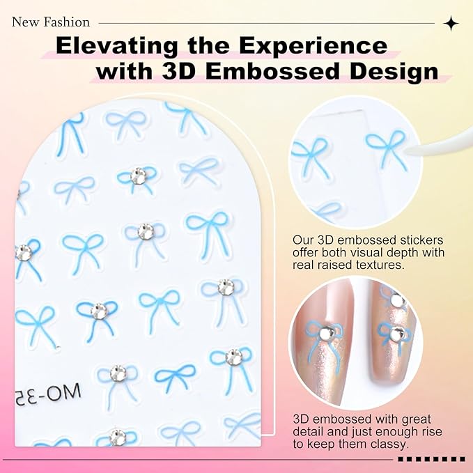 5 Sheets Bow Nail Sticker 3D Embossed Self-Adhesive Color Bow Art Nails Decals 5D Design Stickers Supplies for Women Girls Manicure Decoration 807-19