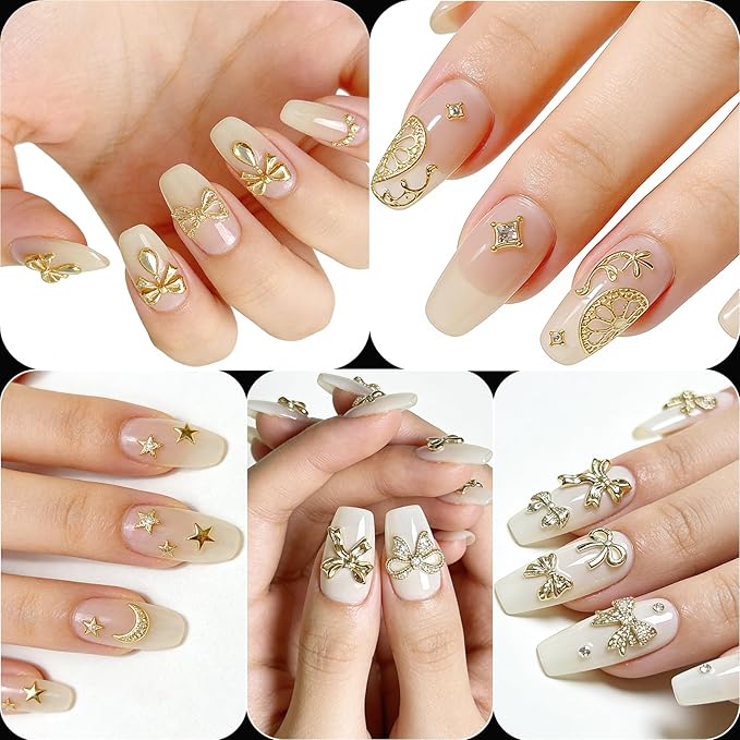 240 Pcs Gold Bow Nail Charms, Golden Bows Nail Art Studs for Acrylic Nails, 3D Alloy Bow Bowkont Nail Art Charms, Gold Bows Nail Art Charms Jewelry for Nails DIY Y2K
