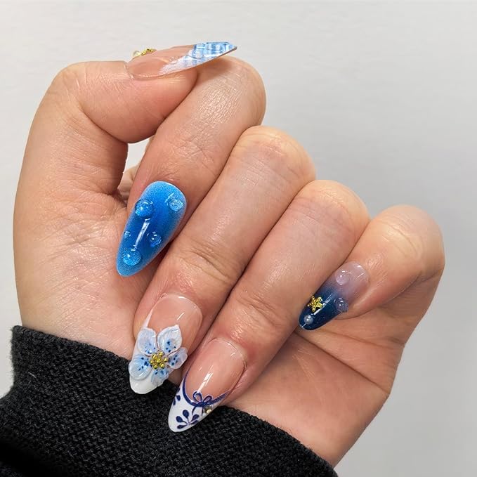 3D Blue Floral Press on Nails (30 Pcs) - Long Almond Fake Nails with Handmade Flower & Glazed Design,Easy Application Manicure Set for Work, Party & Daily Use, Perfect for Women