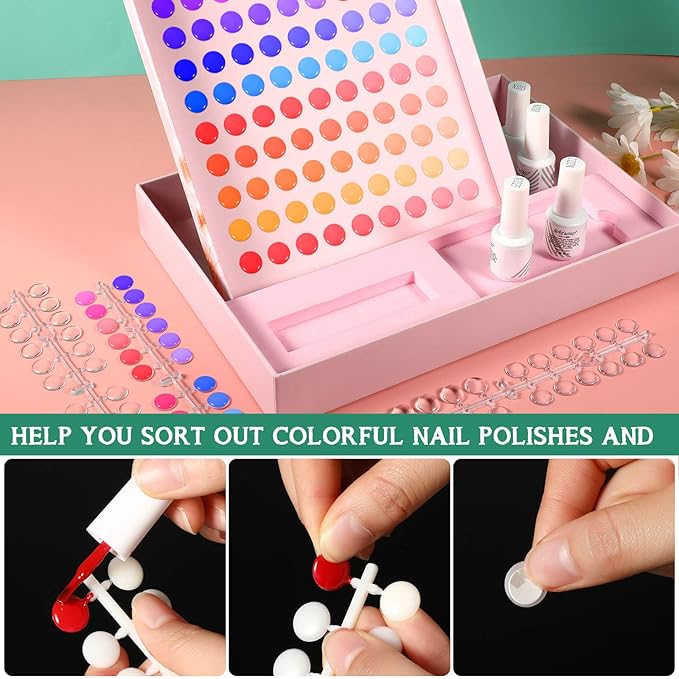 Maitys 480 Tips Round False Nail Display Tips Clear Nail Color Display Chart Card Sticks with Adhesive Sticker for Bottles Colorful Polish DIY Training Practicing Displaying