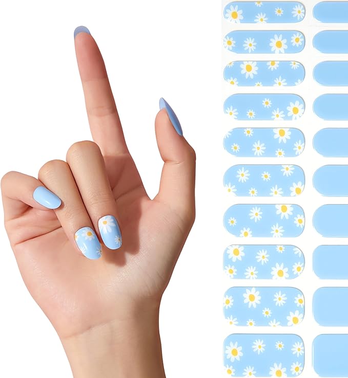 Semi Cured Gel Nail Strips - NAILOG 20 Pcs Blue Flowers Nail Stickers Extra Long Wraps with Glossy Gel Finishing for Spring Summer, Petals in The Wind
