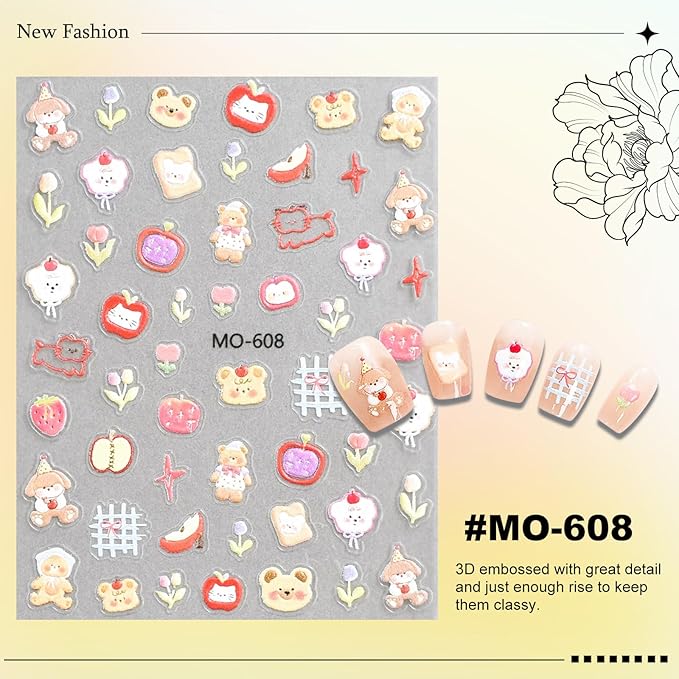 6 Sheets Cute Cat Dog Nail Stickers for Nail Art Adorable Kitty Bow Designs 3D Embossed Self Adhesive Nail Decals for Women DIY Manicure Decoration YX1234
