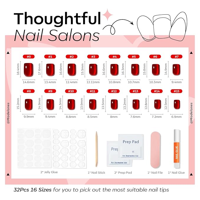 Modelones Red Cat Eye Press on Nails, Spring Short Square Fake Nails, Reusable Nail Kit with Nail Glue Adhesive Tabs Mini Nail File, Nails Press Ons 32Pcs16 Sizes, Women Girl Gift