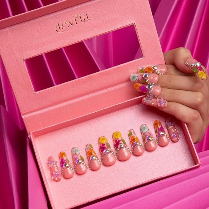 LOVFUL Press on Nails Flora | Handmade with Full Covered Crystals | Reusable Full Cover Nails | Coffin Classic Regular 1.3 in | H176-L