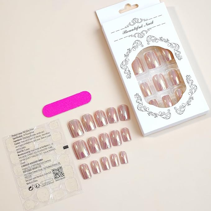 Press on Nails Pink Chrome Nails French Fake Nails French Fake Reusable Nail Kit with Nail Glue Adhesive Tabs Mini Nail File for Women Manicure Art Decoration 24PCS