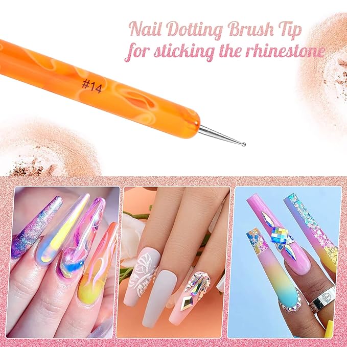 French Manicure Brush -Two Way Nail Art Brush with Dotting Manicure Tool for Manicure Cuticle Clean Up Nail Art Design- Professional Nail Salon Quality Brush, Nail Dotting Pen (14#, Orange)
