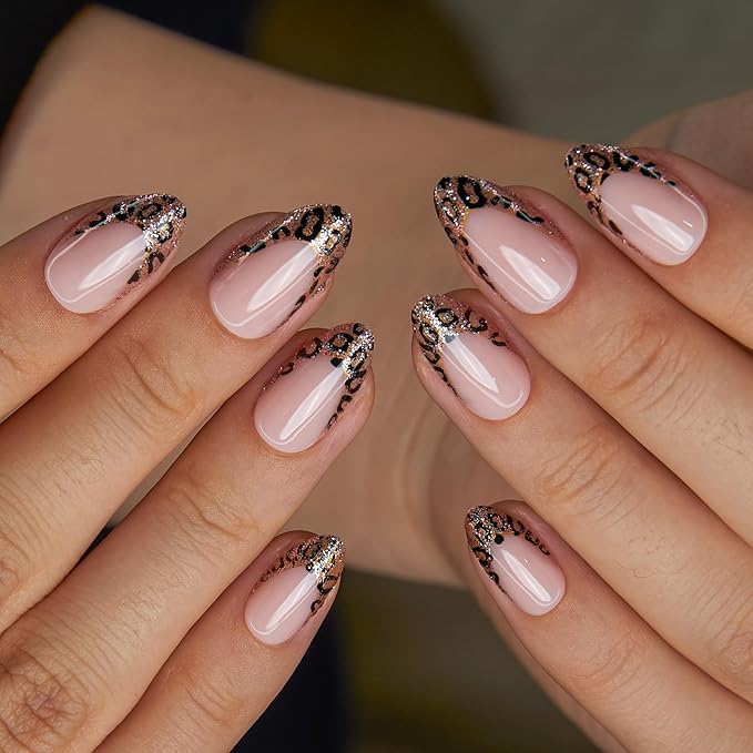 Curvlife Press On Nails Medium Square Nude Pink - Leopard French Tip Press on Nails with Glue, Black Gold Leopard Print Glitter Glossy Fake Nails Long Lasting False Nail Tips for Women