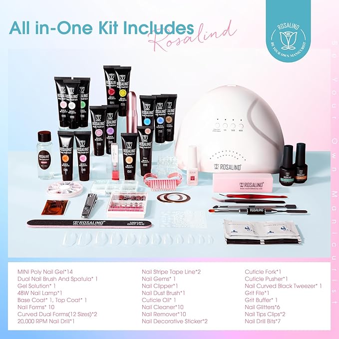 Poly Nail Gel Starter Kit with Drill-14 Colors + 75 Nail Art Accessories Kit, ROSALIND Neon Poly Extension Gel with Big UV Light 48W and Electric Nail Drill Starter Kit with Everything