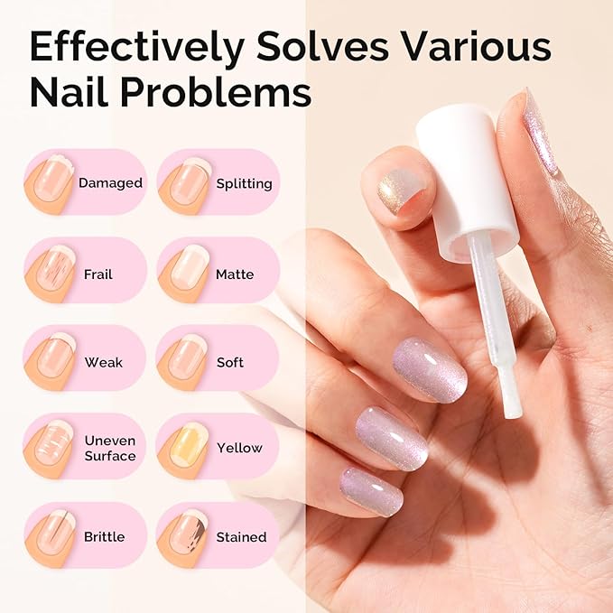 MelodySusie Nail Strengthener and Growth Treatment, 2-in-1 Ridge Filling Base Coat & Glossy Concealer Polish for Damaged Nail Repair and Healthy Shine,Gifts for Women 15ml 0.5 Fl Oz Holographic White