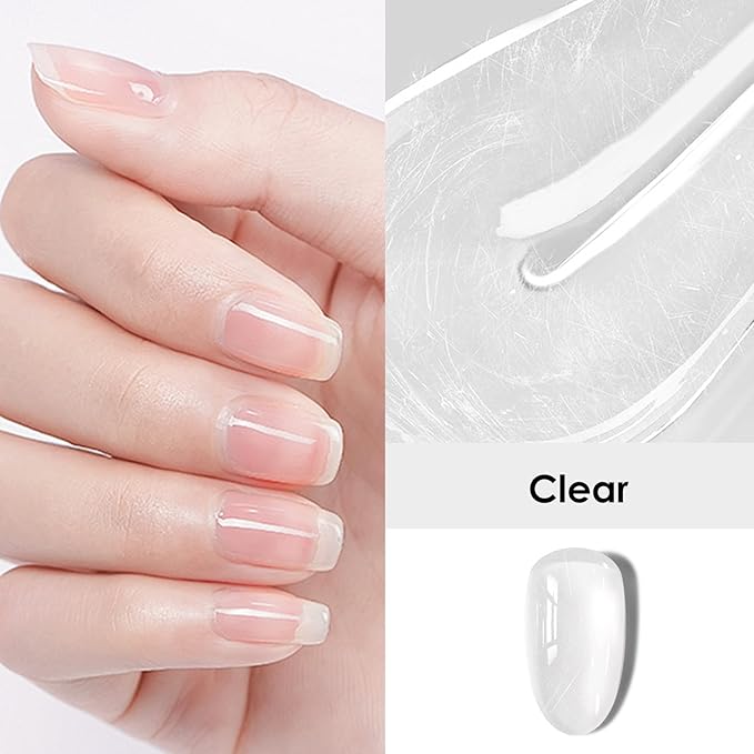 Fiber Glass Rubber Base Gel Nail Polish, Glossy Clear Glass Brush on Nails Strengthener Base Coat for Repair Broken Damaged Nails, LED UV Lamp Required Soak Off Building Gel-Clear,7ml