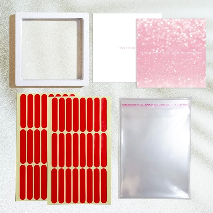 LIGHT RAIN Press on Nail Packaging Storage Box Case - 3.5 x 3.5 X 0.8 Inch 3D Floating Frame 24 pcs, Display Card 24 pcs, Pre-cut Double Sided Strong Tape 48 pcs, OPP bag 24 pcs