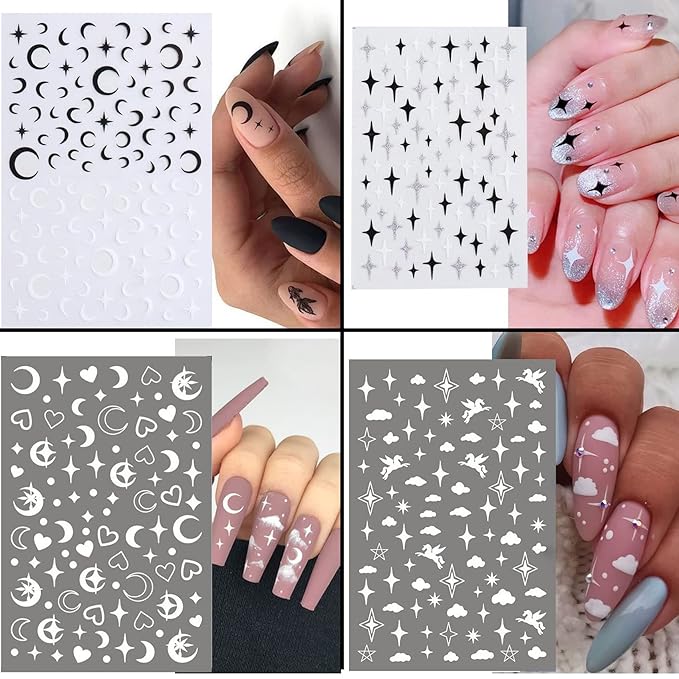 8 Sheets Cloud Moon Nail Stickers, 3D Black White Design Self-Adhesive Nail Art Decals,Flame Starlight Butterflies DIY Manicure Decorations for Women Girls