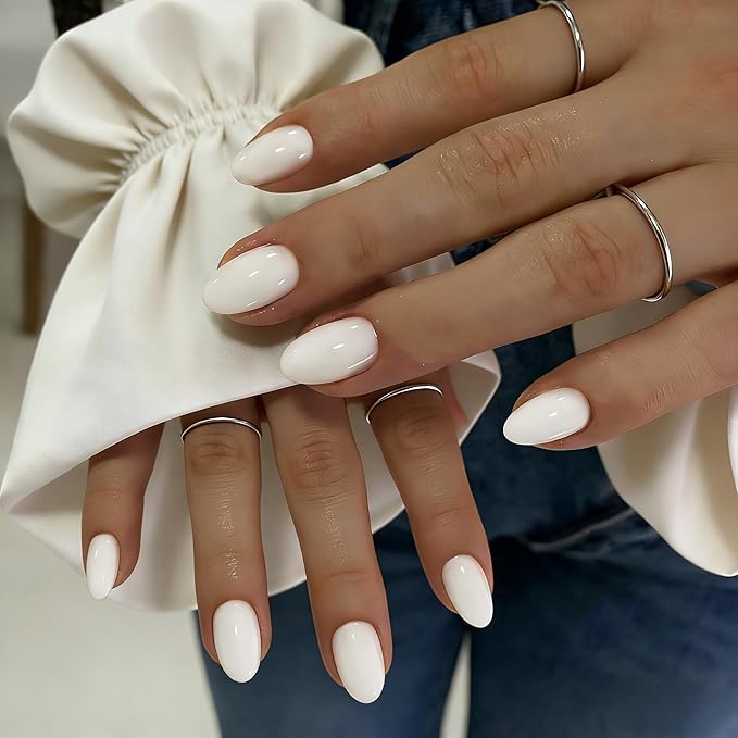 KQueenest Press On Nails Short - White Press On Nails Oval, 32 Pcs 16 Sizes Natural Short Fake Nails Press ons Almond, Reusable Opaque Glossy Milky Glue on Nail with Glue for Everyday Office Wear