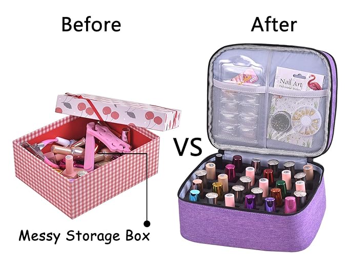 Nail Polish Organizer- Holds 30 Bottles Nail Supply Organizers and Storage Double-layer Nail Bag Organizer Case Nail varnish Organizer Nail Polish Storage Bag with Handle(Purple)