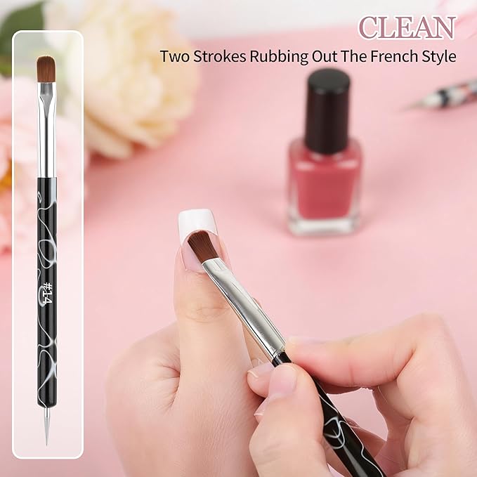 6pcs French Tip Tool Brush, 2 Way Clean up Brush for Gel Polish with Dotting Tool Franch Nail Art Brushes Set Liner Fine Cuticle Beginner 7mm/9mm/11mm, 12#, 14#, 16#