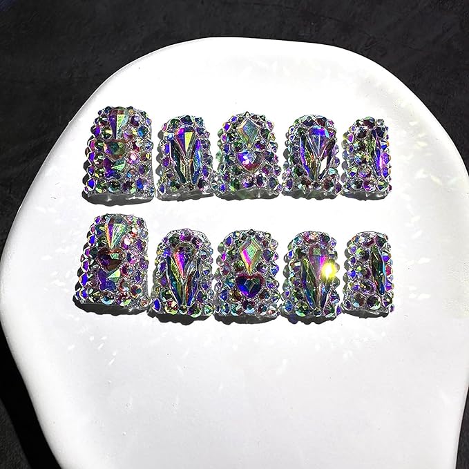 10Pcs Handmade Rhinestone Press on Nails Short Duck Fake Nails with Rhinestone Design Full Cover False Nails Short Hand Made Press on Nails Reusable Stick on Nail Artificial Glue on Nail for Women (S)