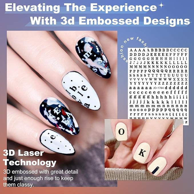 12 Sheets Letters Nail Stickers English Alphabet Nail Decals 3D Self-Adhesive Glitter Metallic Gold Silver Color Nail Sticker Black Alphabet Nail Art Supplies for Women Girls Nail Decoration 807-21