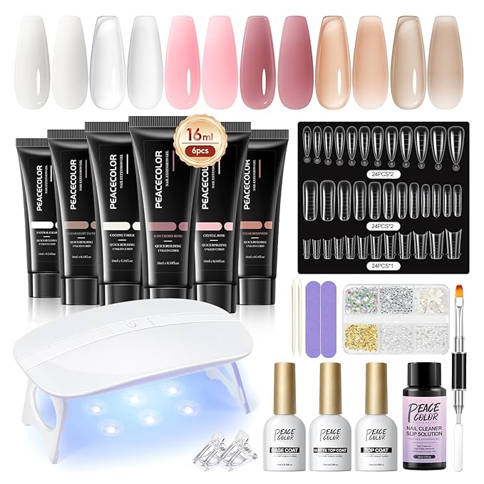 PEACECOLOR 24Pcs Poly Nail Gel Kit with U V light 6 Colors Clear Pink Nude Poly Nail Extension Gel with Glossy/Matte Top Coat Nail Rhinestones Starter Kit DIY Home Gifts for Women