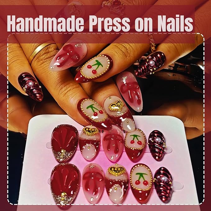Handmade Acrylic Press On Nails Almond, Red Press On Nails Medium, Ombre Blush 3D Nails Red Chrome Cherry Bow Heart For Women Gift, Reusable Stick On Fake Nails Kit With Nail Glue(Crimson Cutie-S)