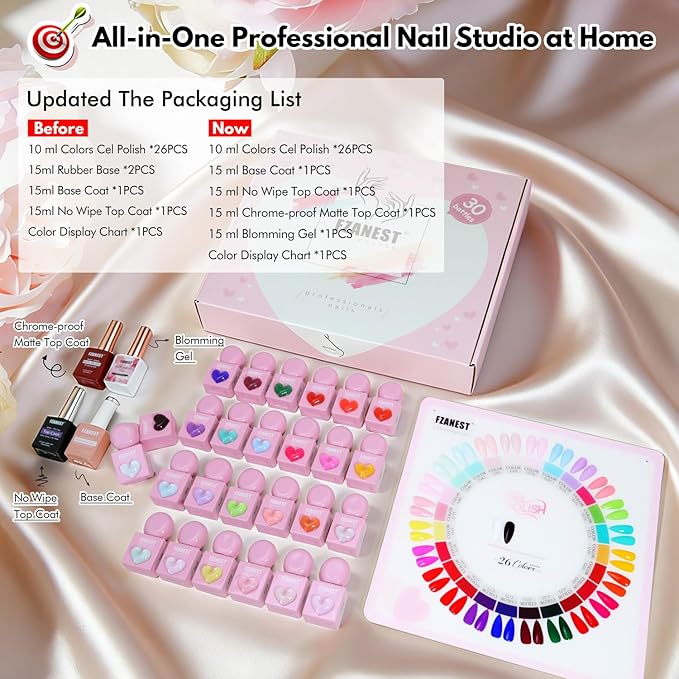 FZANEST 30pcs Gel Nail Polish Set, Professional HEAM-free TPO-free 10ml 26 Bright Colors DIY Gel Nail Set with Base Top Coat, Matte Top & Blooming – Pink Heart Shaped Bottles