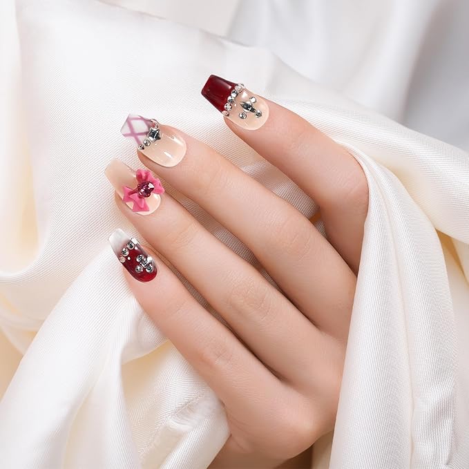 Fake Nails Set Red Medium Square Bling Glossy 3D Bow Heart Rhinestone False Nail Tips, Press On Nails, Artificial Art Nails Finger Manicure for Women and Girls(CDJ0022-M)