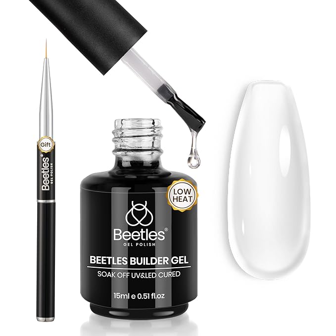 Beetles Builder Gel Low Heat,0.5 oz Clear Gel Builder for Natural Nails Building Apex & Strengthener Extension with Detachable Liner Nail Brush for Beginner DIY Salon at Home,UV&LED Lamp Needed