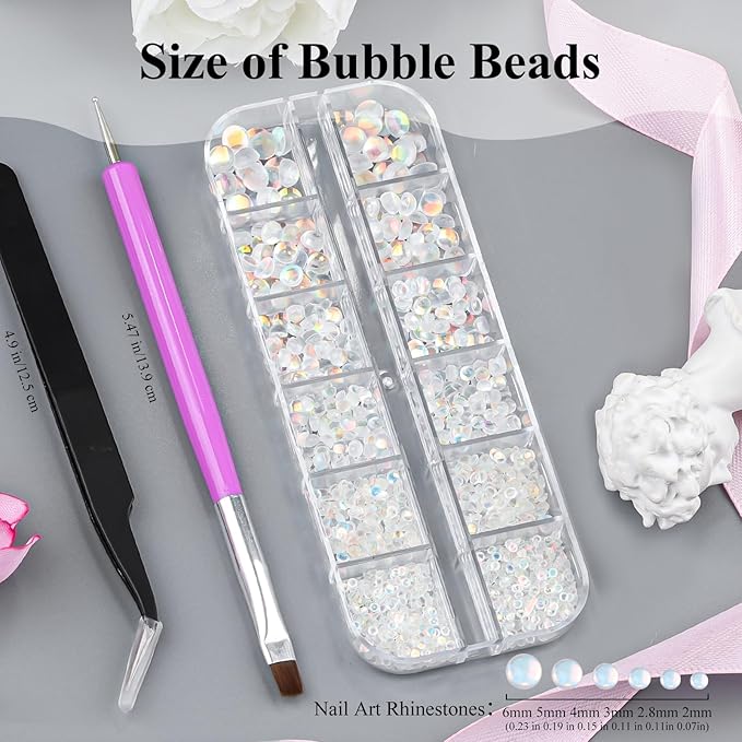 1600Pcs Half Round Resin Bubble Beads,2-6mm AB Colorful Flatback Pearls Beads,Mini Iridescent Crystals No Hole with Pickup Tools for Nail Charms Handmade Phone Case(16-K1-AB-bubble-beads)