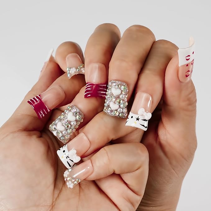 Handmade Press on Nails Short Duck Kawaii Red French Tips, 3D White Bow & Heart Charms, Luxury Bling Rhinestone False Nails, Reusable Full Cover for Nail Art (Cute Kitty Sweet Glam,L)