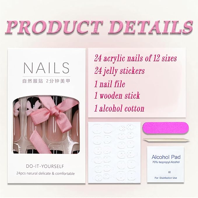 Square Press on Nails Long MABKJLF Black French Tip Fake Nails False Nails with Pink Bow Charms Ribbon Designs Glossy Glue on Nails Stick on Nail for Women Girls 24Pcs